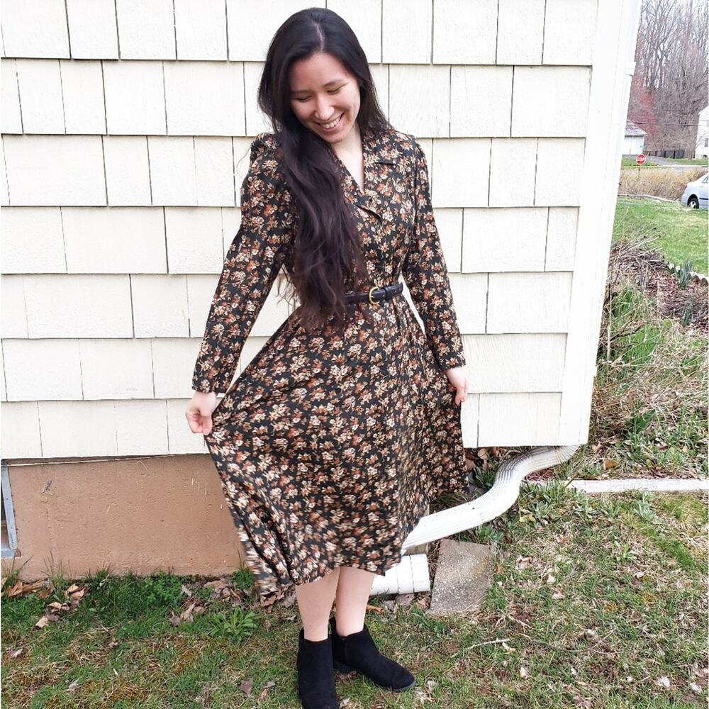 Vintage Floral Black and Brown Midi Dress